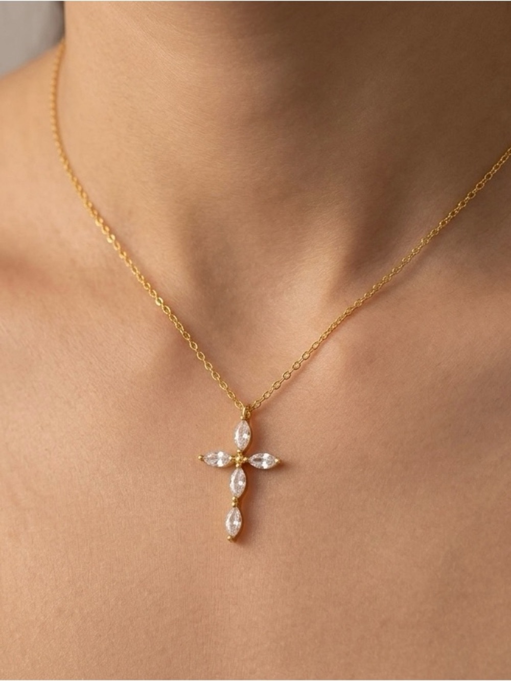 Gold Cross Pendant Necklace with Clear Marquise Stones
